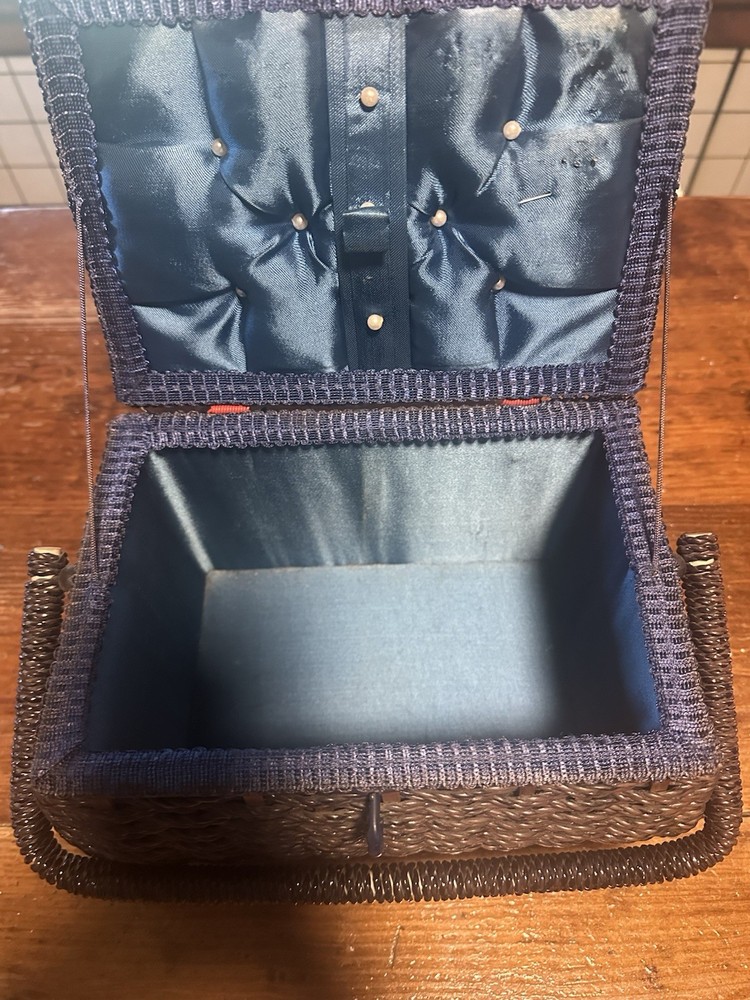 Vtg Woven Sewing Box Rectangle Blue Lined Satin