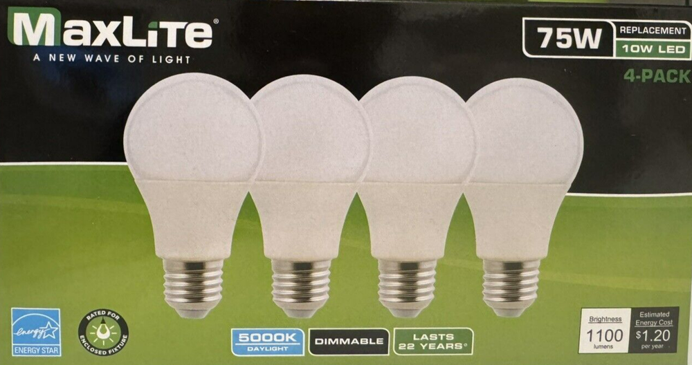 4 MaxLite 75-Watt Frosted White Daylight Bright A19 LEDs w/Medium Base