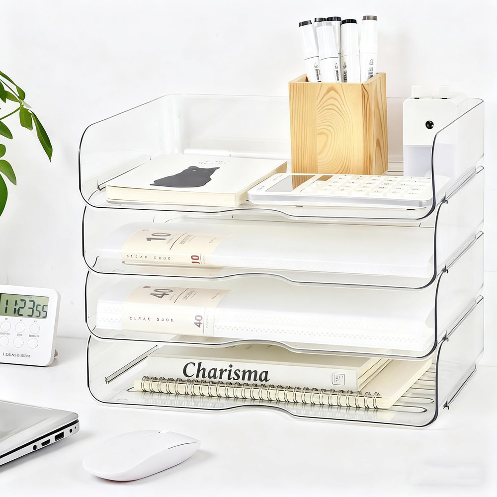 4-Tier Large-Capacity Paper Organizer Clear Stackable Desk Organizer Acrylic