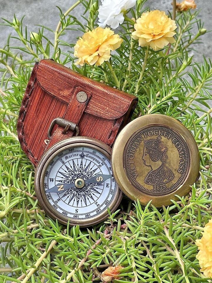 Brass Nautical Tool Case 2 Brass Vintage Engraved Victorian Pocket Compass