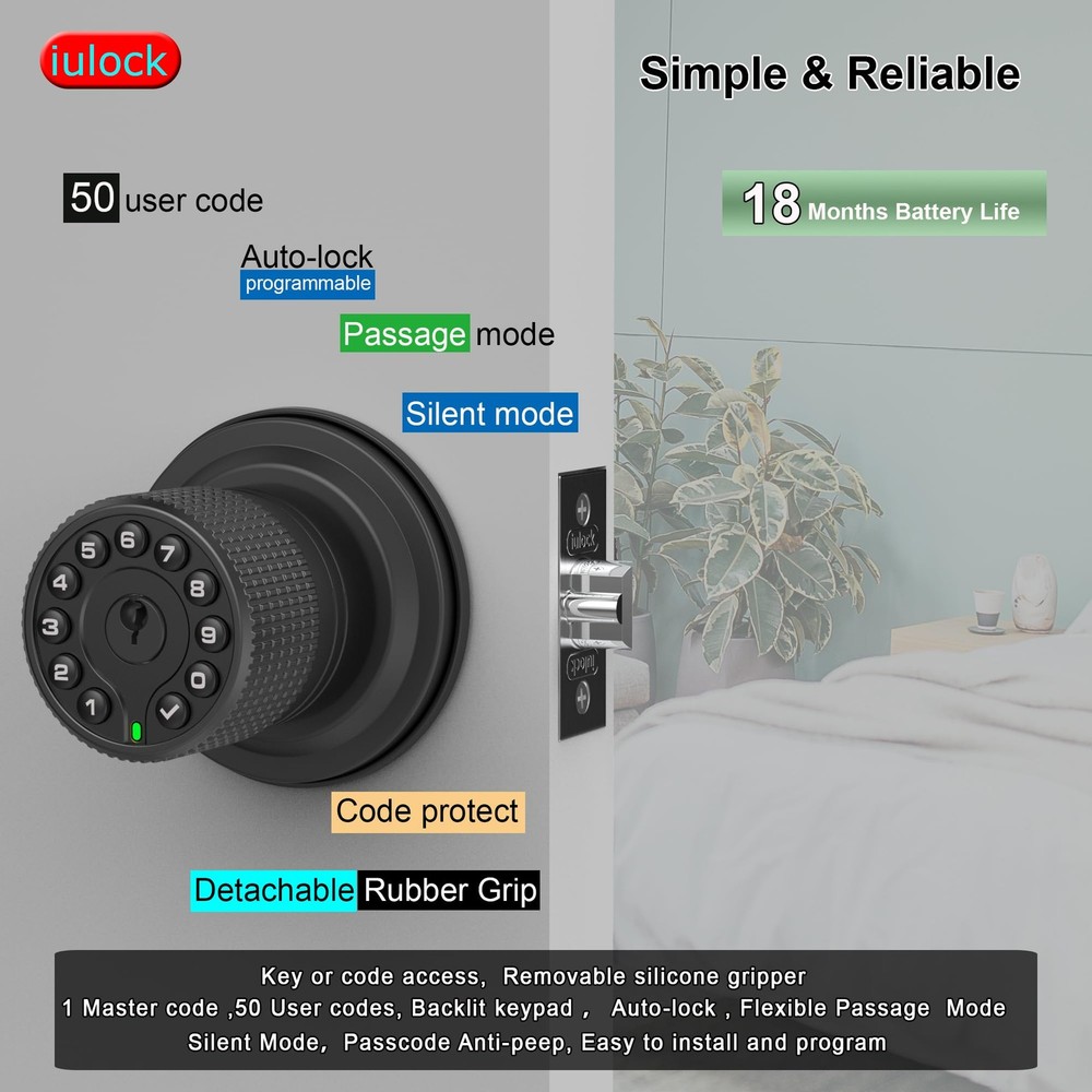 Keypad & Key Smart Door Lock, 50 User Codes, Waterproof, Auto Lock - Matte Black