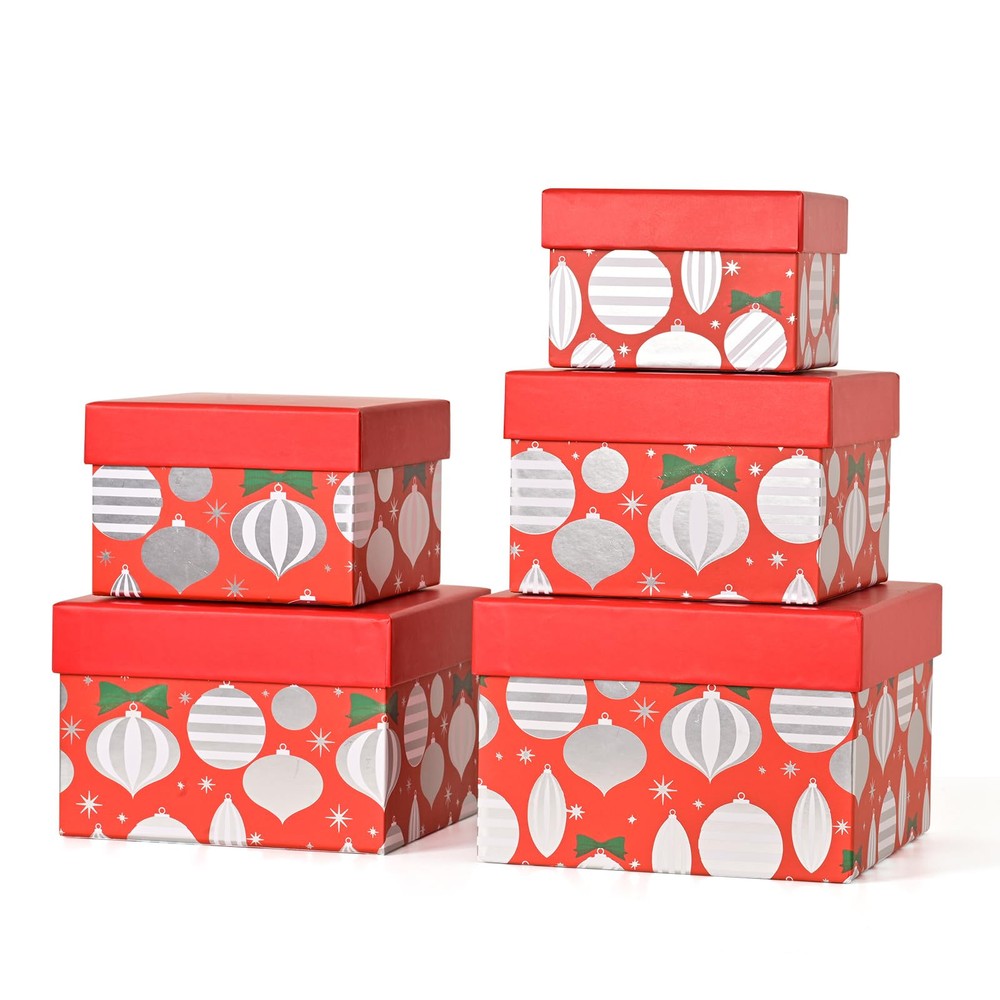 5PCS Christmas Nesting Gift Boxes Set, Red Silver Foil Lantern Flat Square Ca...
