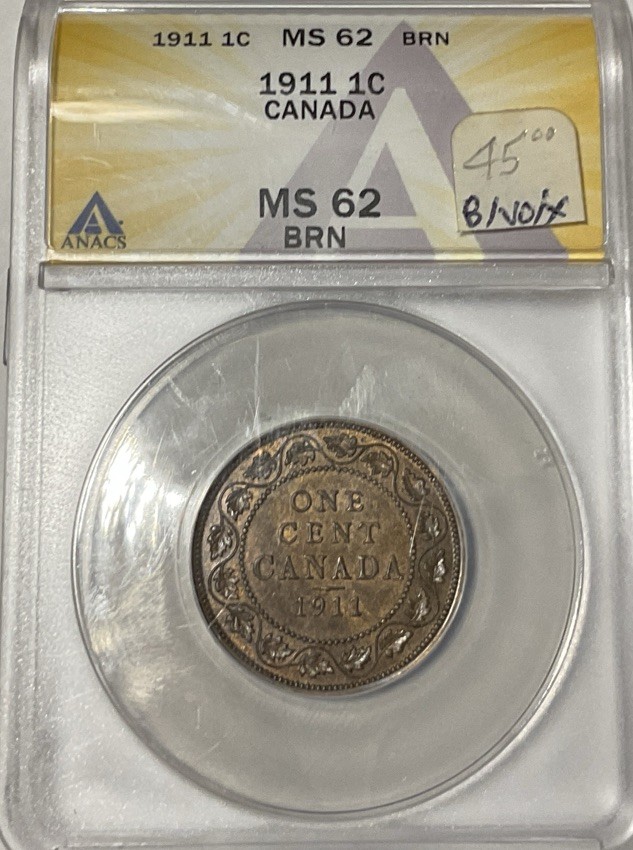 1911 CANADA CENT ANACS CERTIFIED MS62 BN