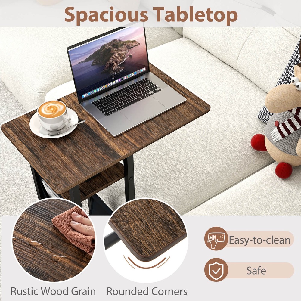 2 PCS C-shaped End Table w/ Charging Station Rolling Bedside Table Couch Side