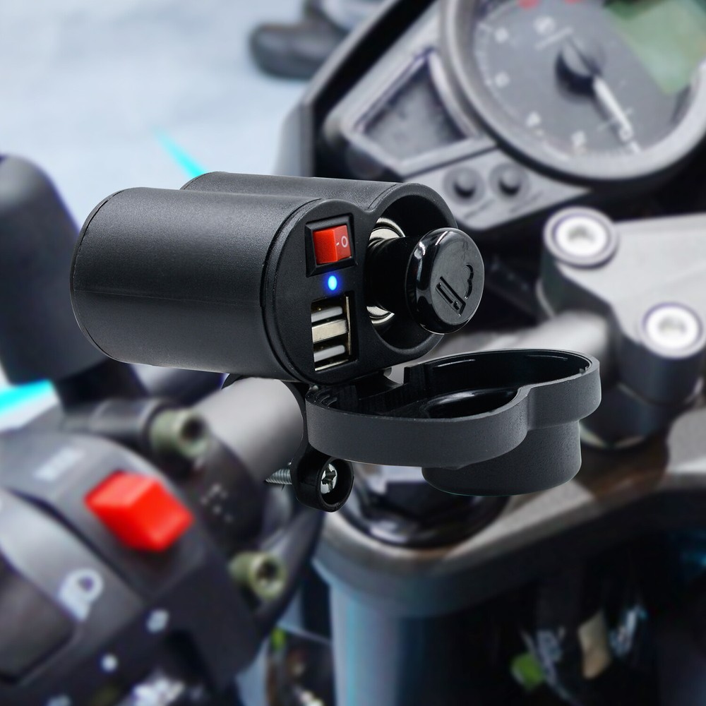 Motorcycle Cigarette Lighter Socket USB Quick Charger Voltmeter Digital Clock