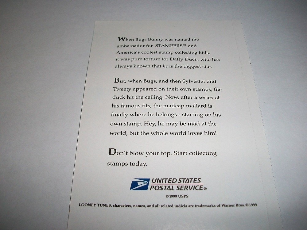 US MINT SINGLE 33 CENT SCOTT 3307 DAFFY DUCK IMPERF RIGHT SIDE PANE ISSUED 1999