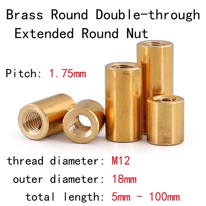 M12 Brass Double-through Round Studs Extended Through-hole Cylindrical Nuts