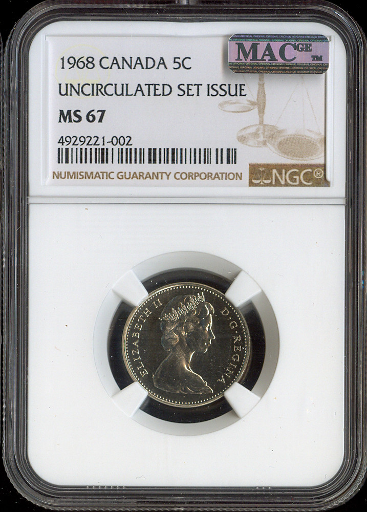 1968 Canada 5 Cents 5C NGC MS67 - Quality