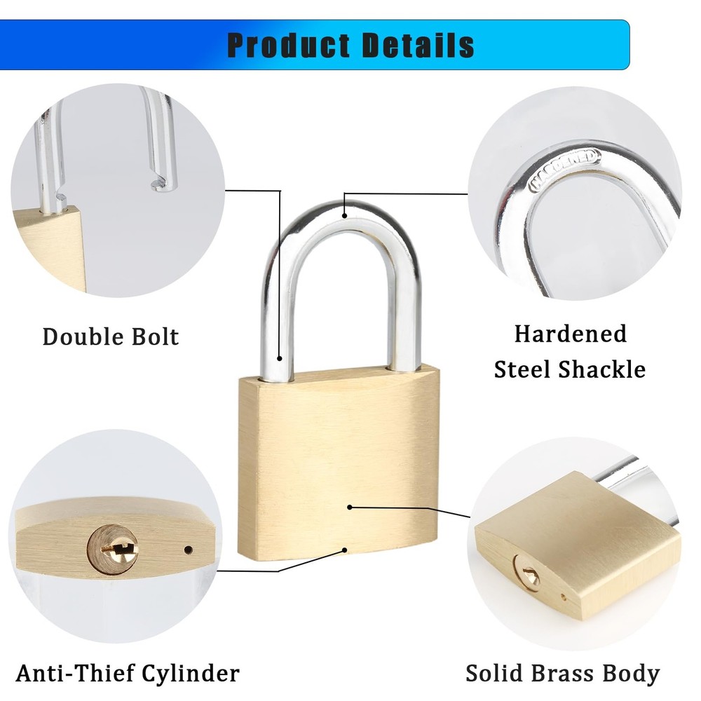 6Pack Solid Brass Padlocks Keyed Alike, Locker Locks with Same Keys, Weatherp