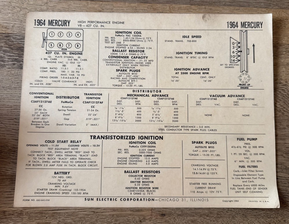 1964 MERCURY HIGH PERFORMANCE V8 427 CU IN SPECIFICATIONS CHART SHEET
