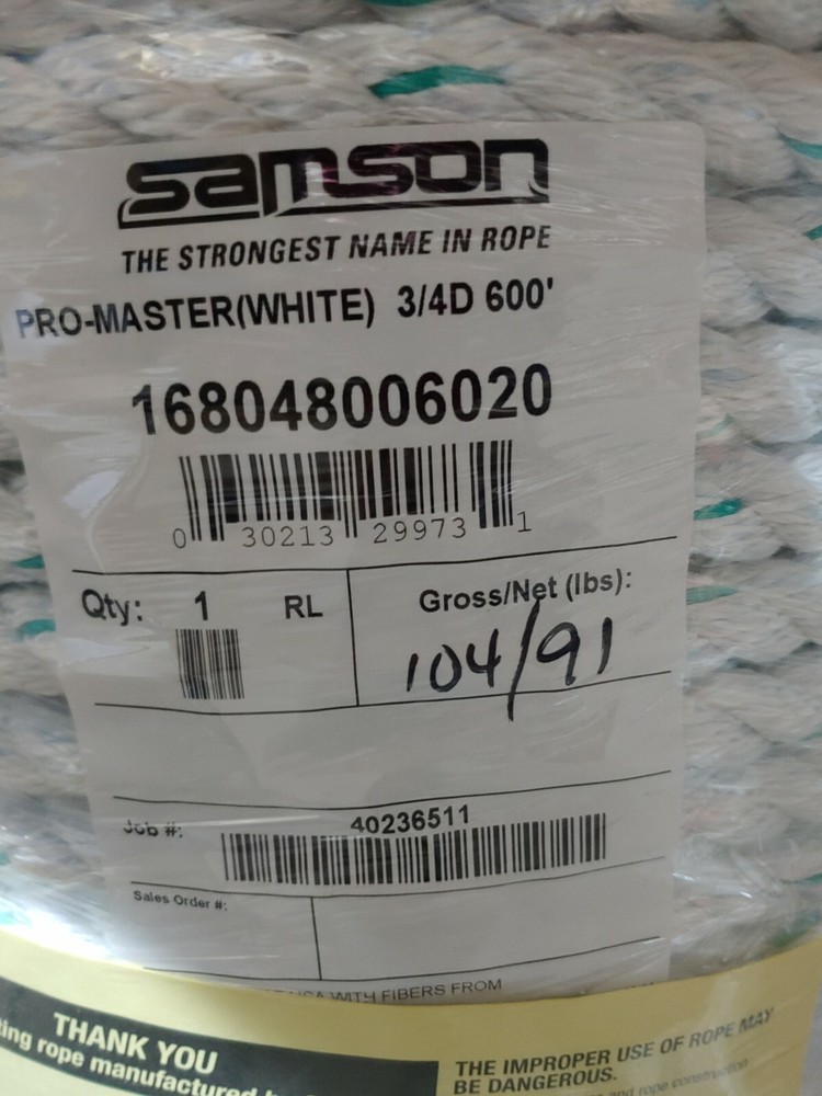 SAMSON Pro-Master 3/4” X 600' REEL, Rigging Rope WHITE