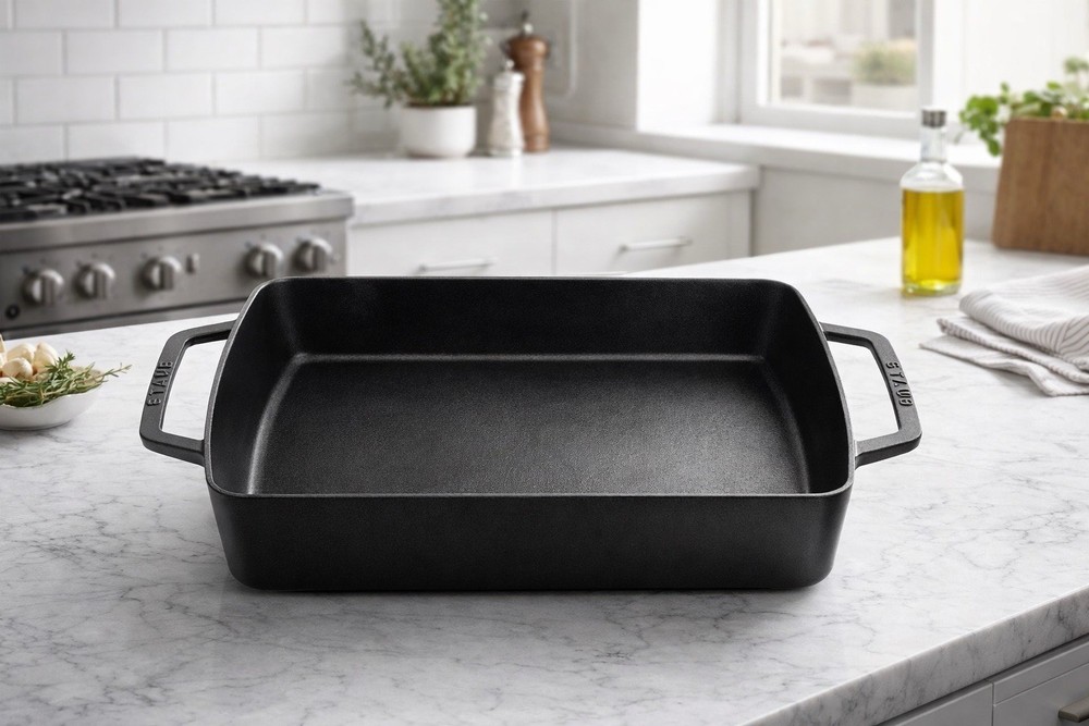 Staub Cast Iron Roasting Pan 15x10 Enamel Base Graphite Rectangular Roaster