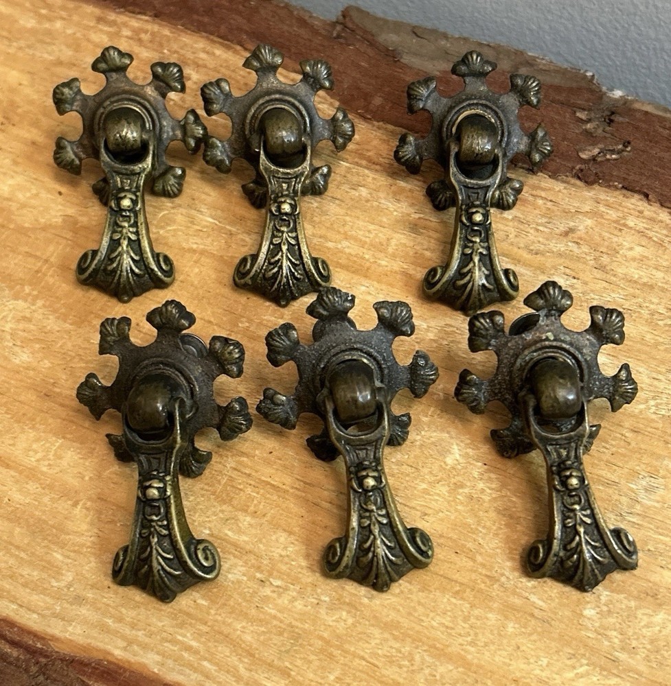 Antique Brass, Hanging Drop Drawer Pulls. Set of 6
