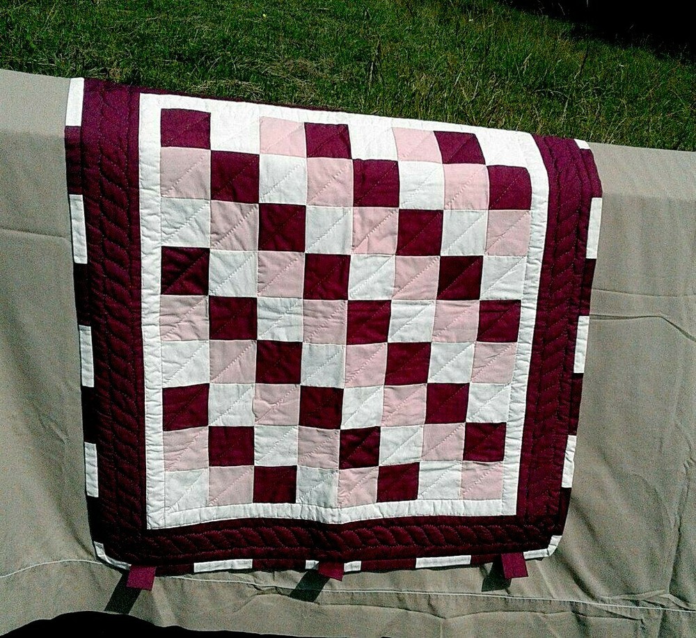 Vintage Patch Work Quilt Wall Hanging Burgundy Pink