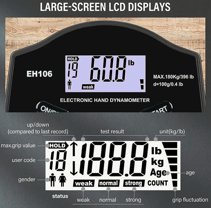 Digital Hand Dynamometer Grip Strength Measurement Meter Auto Capturing
