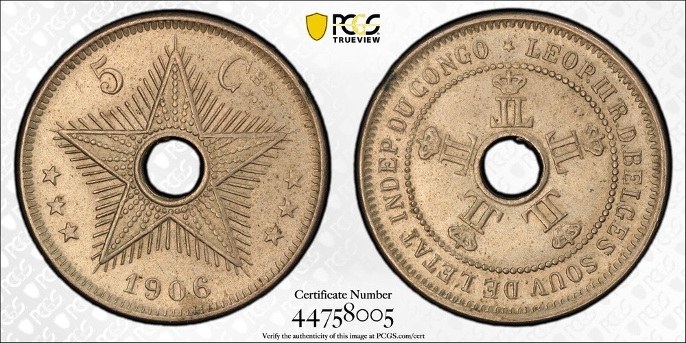 CONGO FREE STATE 1906 5 Centime - PCGS MS63