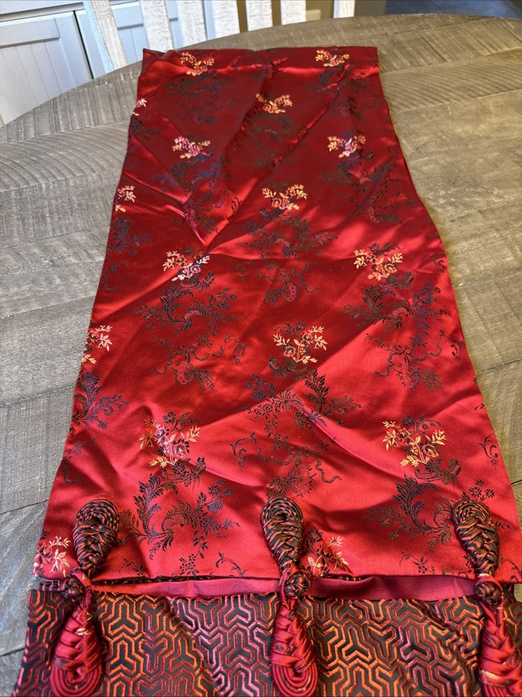 Christmas Bead Embroidery Red Decorative Table Silk Blend Runner 84"