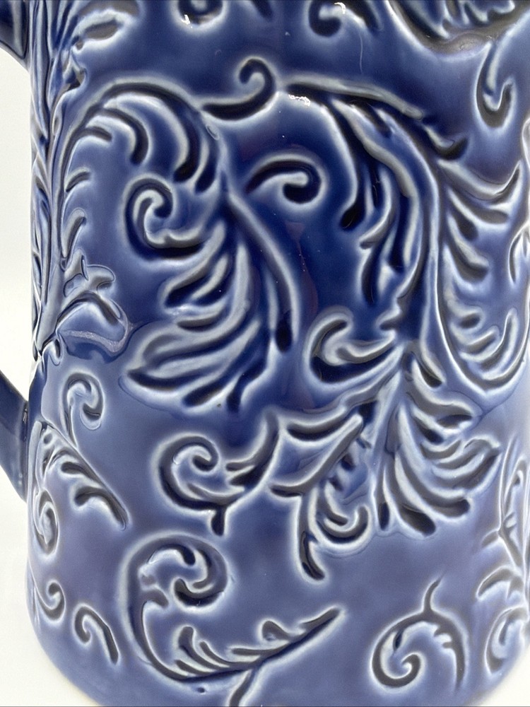Royal Blue Ceramic Pottery Glazed Swirl Pattern Pitcher 6"