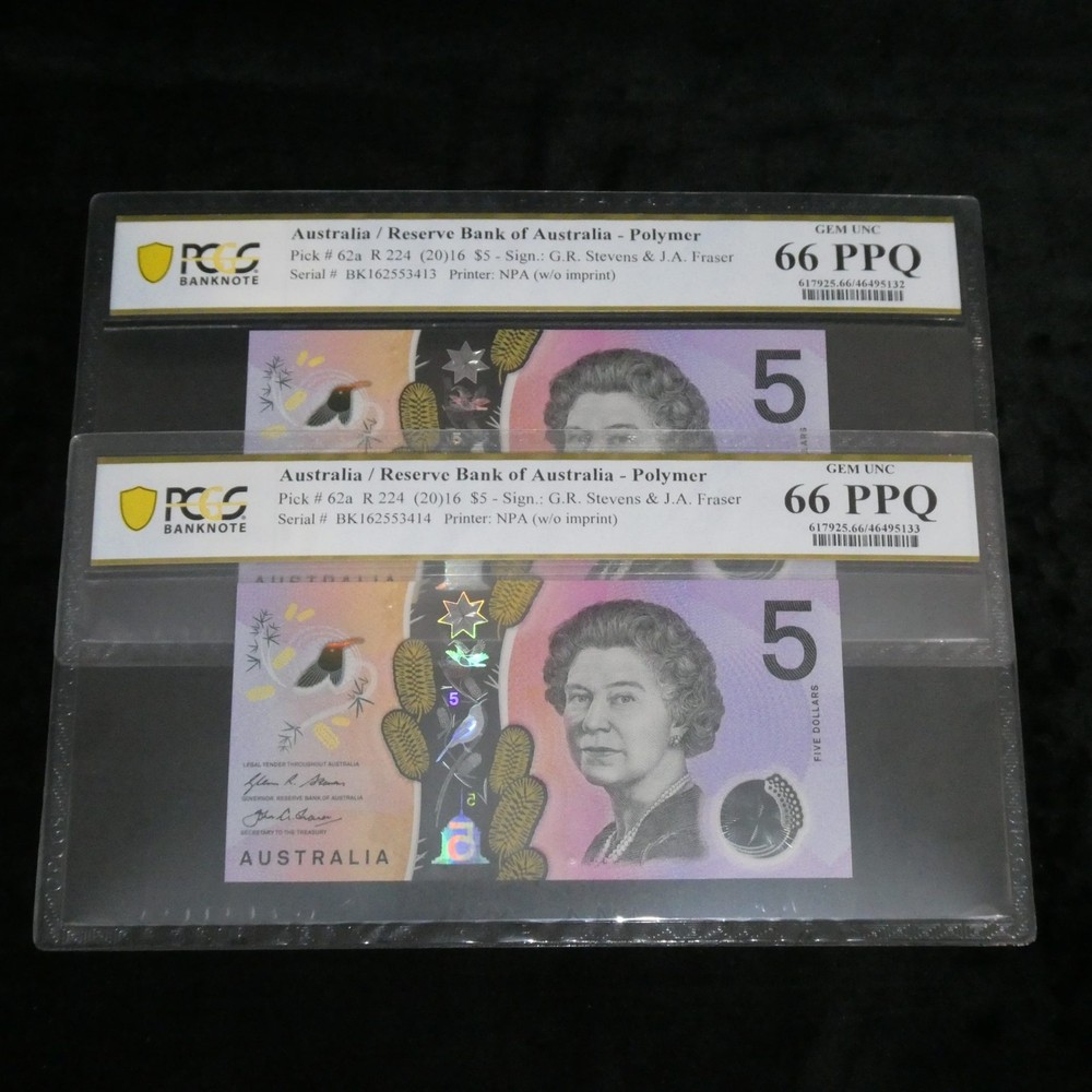 Australia 2016 $5 Stevens Fraser 2 Consecutive Notes PCGS 66PPQ #5132