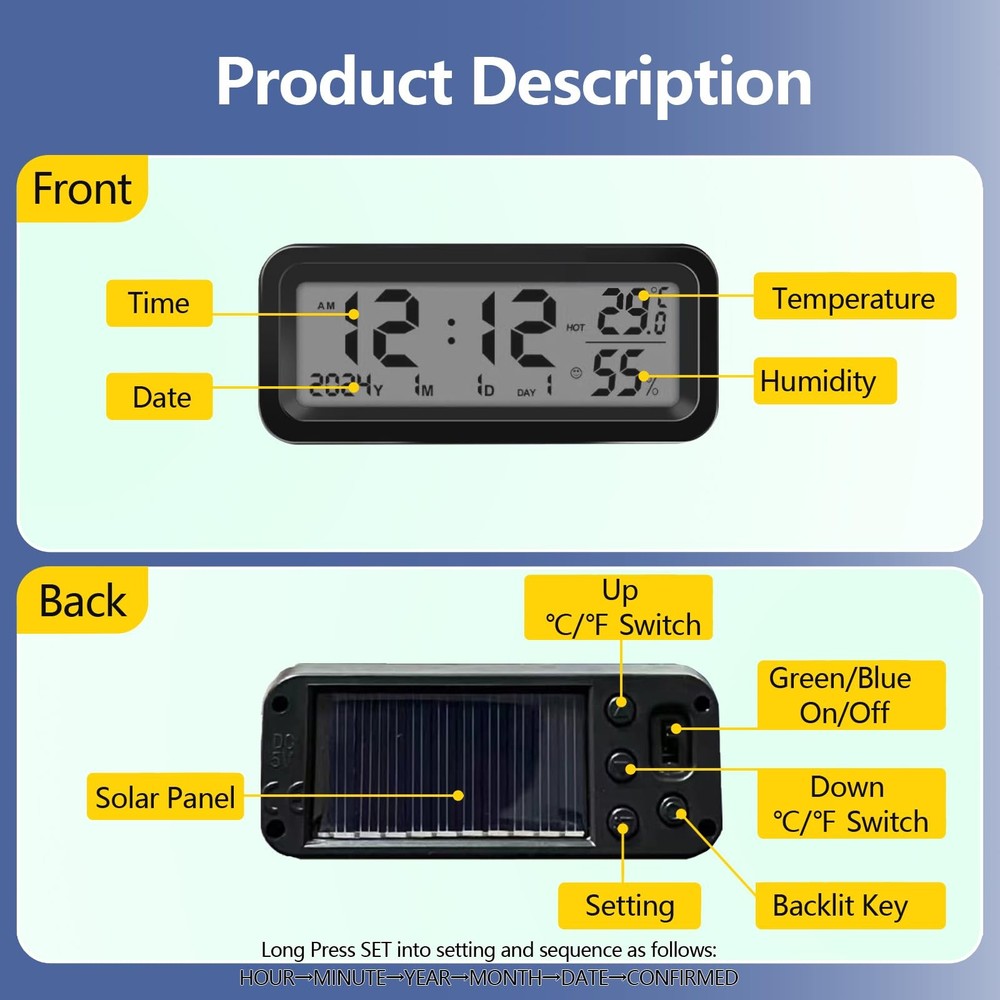Car Dashboard Clock with Automatic Backlight at Night(Green & Blue), Temperat...