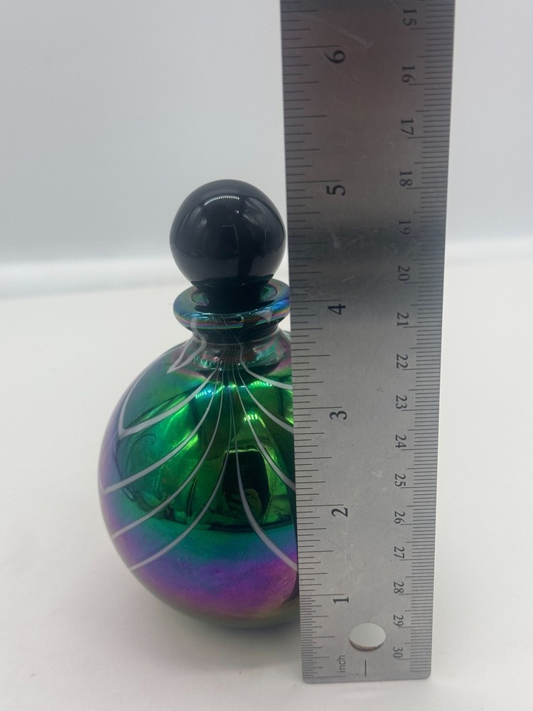 Iridescent Black Glass Perfume Bottle White Pulled Feather