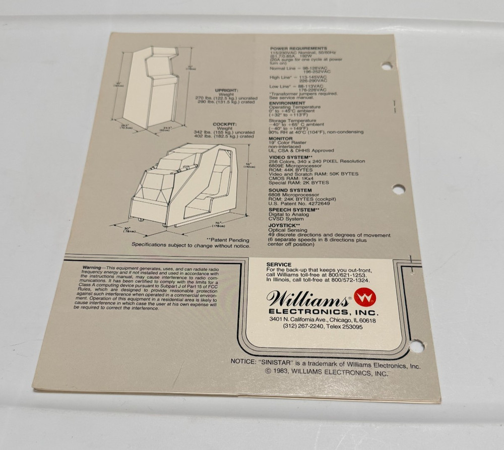 1982 WILLIAMS SINISTAR VIDEO GAME DRAWING SET MANUAL