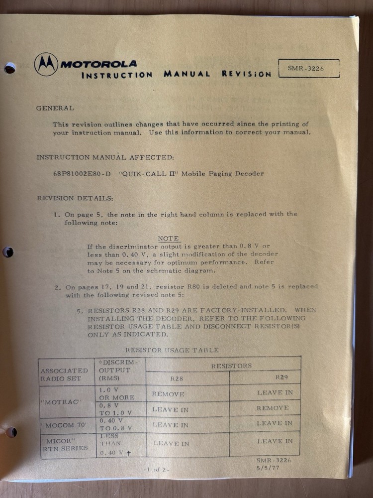 Motorola Quick-Call II Mobile Paging Decoder Instruction Manual 68P81002E80-D
