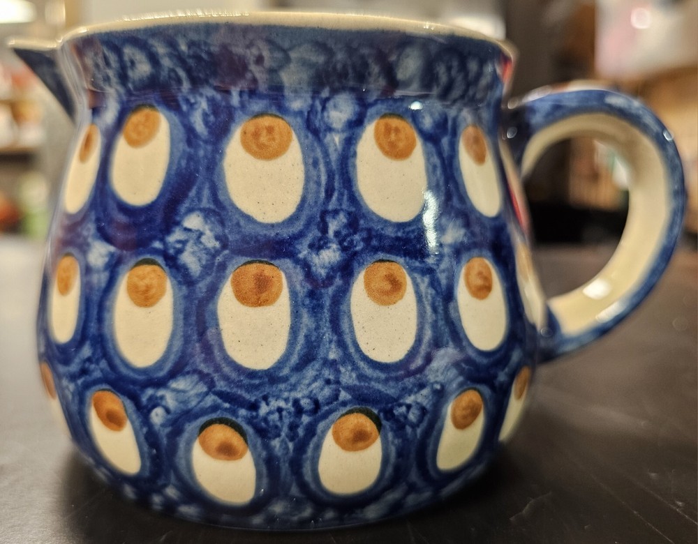 Heise Pottery Handmade Germany Handled Creamer Blue & Bone colored with Dots