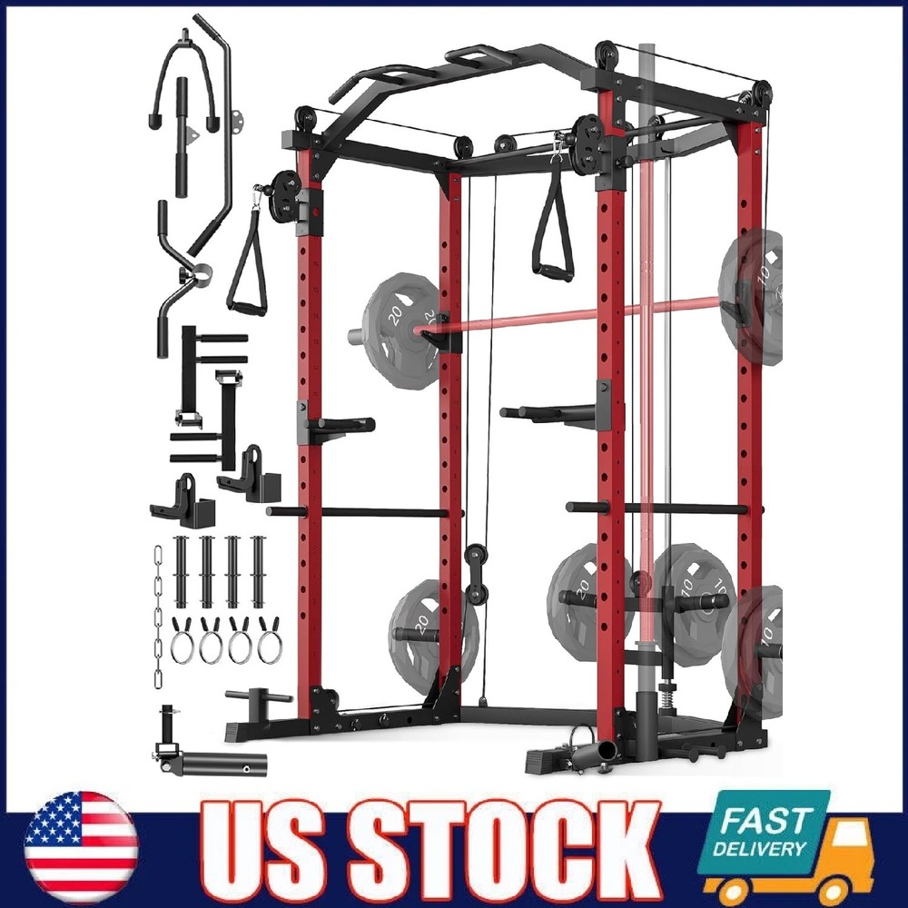 Power Cage Multi-Function Squat Rack for Home Gym w/Pulley Cable System ,Dip Bar