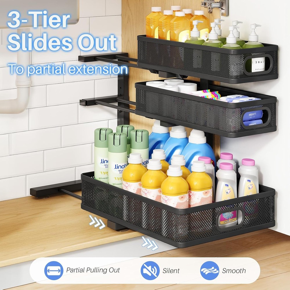 Under Sink Organizer 2-Pack 3-Tier Thickened Metal Pull out Cabinet Organizer