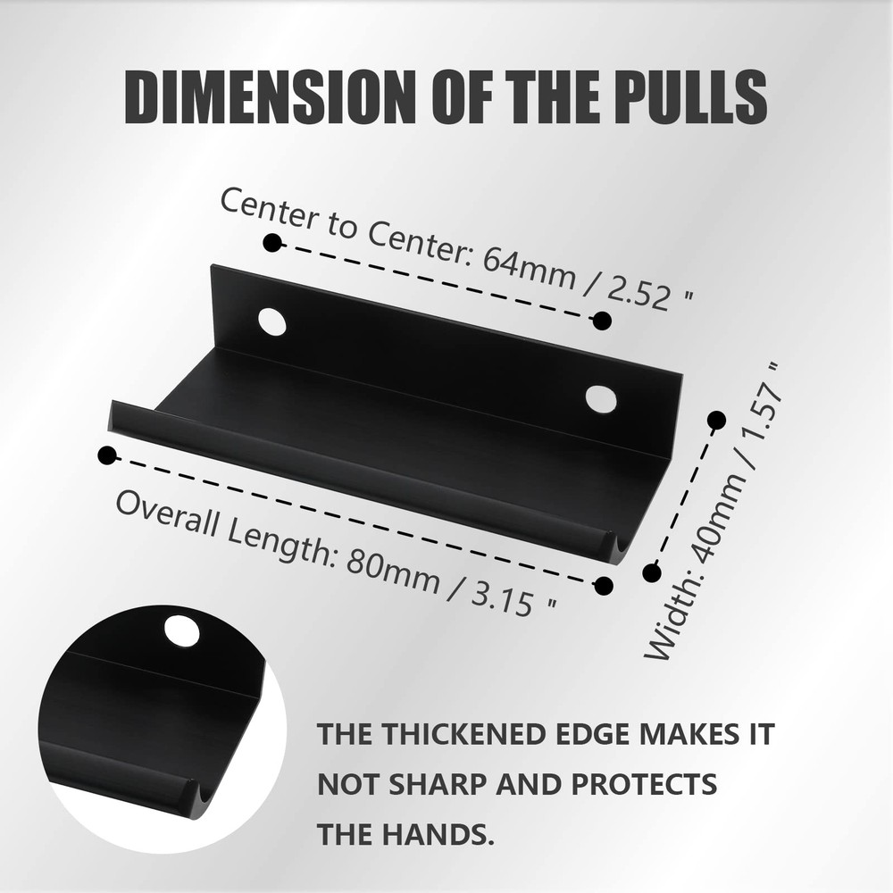 2 PCS Black 80mm/3.15" Back Mount Finger Edge Pull Hidden Cabinet Handle