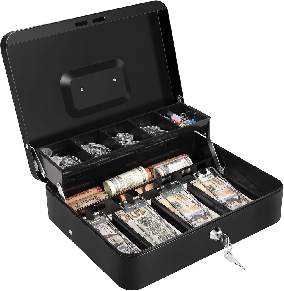 Locking Cash Box with Tray Black New