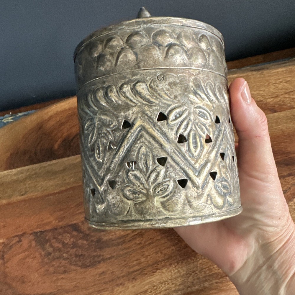 Pierced Brass/Silver Box with Hinged Lid - Middle Eastern Good Solid Old Nice!