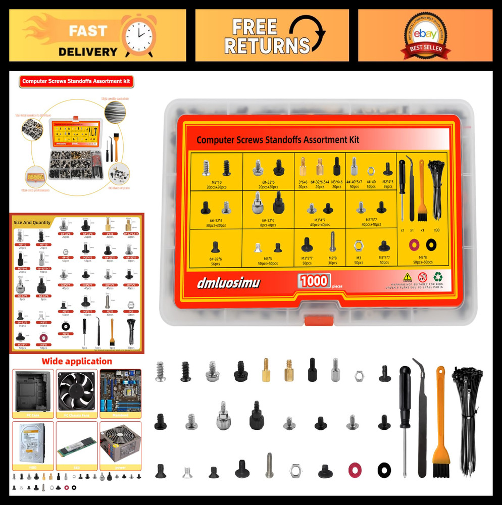 1000pcs Computer Screw & Standoff Kit for ATX Cases, HDD/SSD, GPU - DIY PC Repai