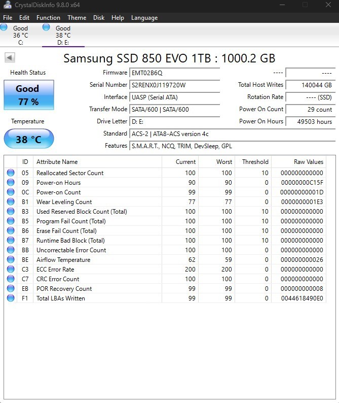 Samsung 850 EVO 1 TB Solid State Drive - 77% Remaining Endurance