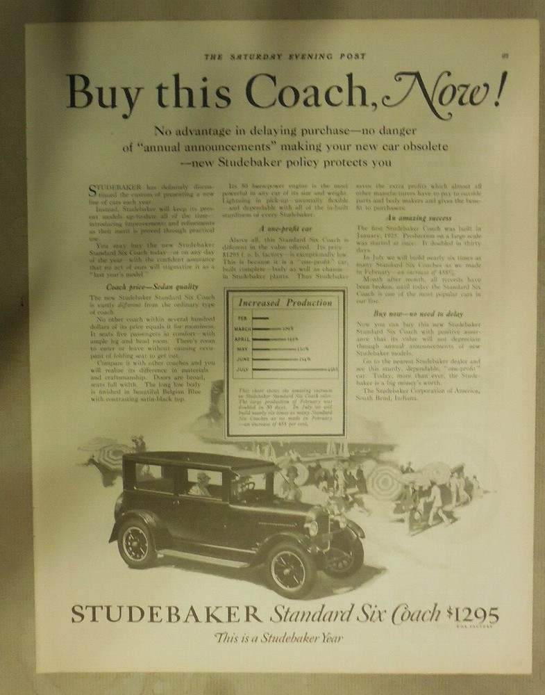 Studebaker Car Ad: Studebaker Standard Six Coach  1925 ! Size: 11 x 15 Inches