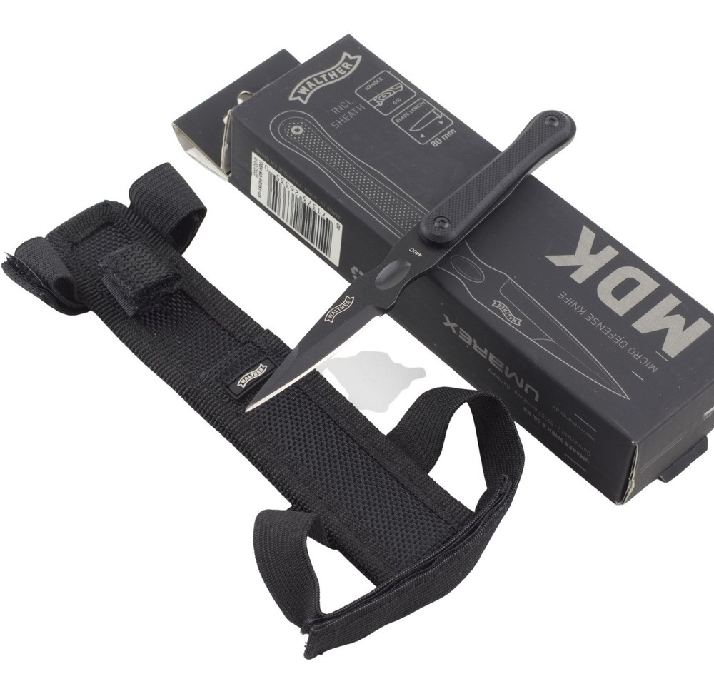 Walther MDK Micro Defense Fixed Blade Knife Spear Point Blade Sheath Leg Strap
