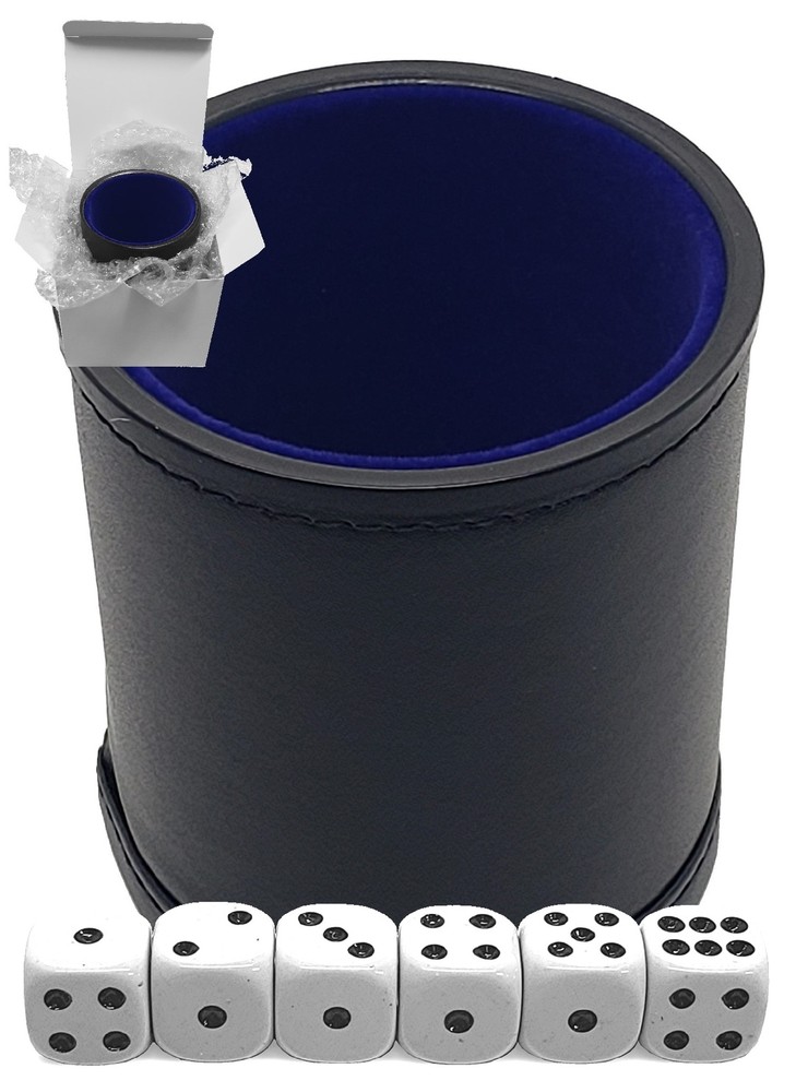 (6) White Pip Dice Black Pips + PU Leather Blue Felt Lined Dice Cup Sealed Box
