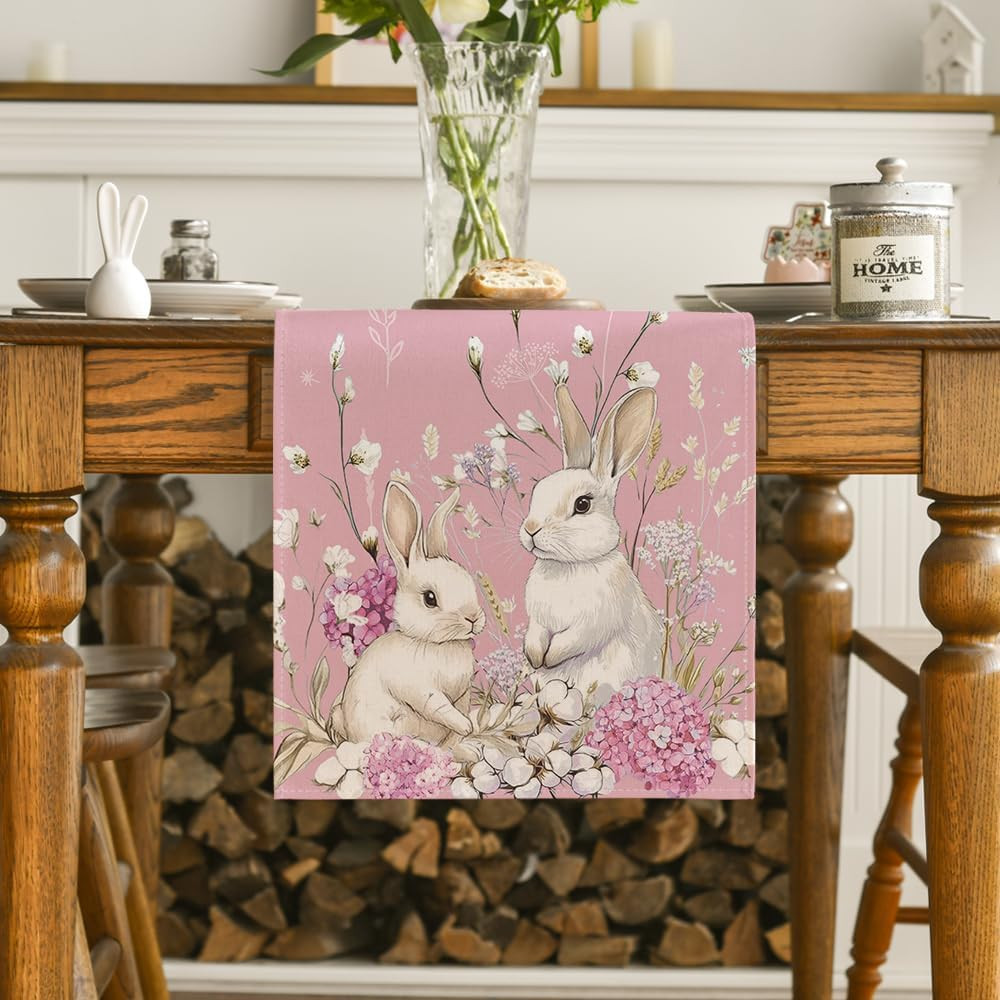 Pink Bunny Rabbit Hydrangea Happy Easter Table Runner, Seasonal Spring Kitchen D