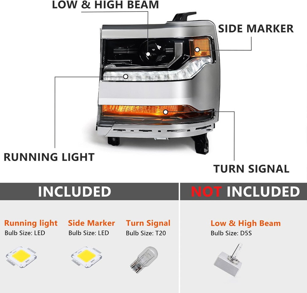 Headlight Assembly Compatible with Chevy Silverado 1500 2016 2017 2018 (Hid/Xeno