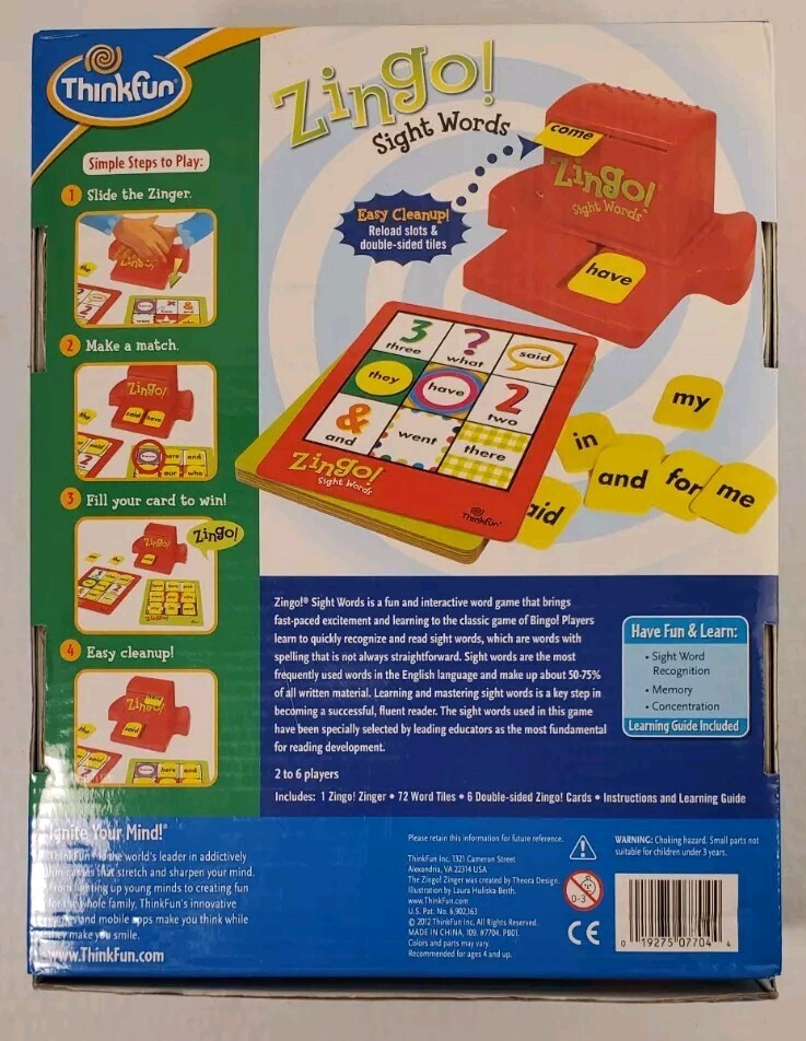 ZINGO! Sight Words Educational Game Grades Pre-K-1 ThinkFun Preowned