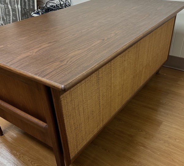 Standard Mid Century Walnut and Cane Executive Desk