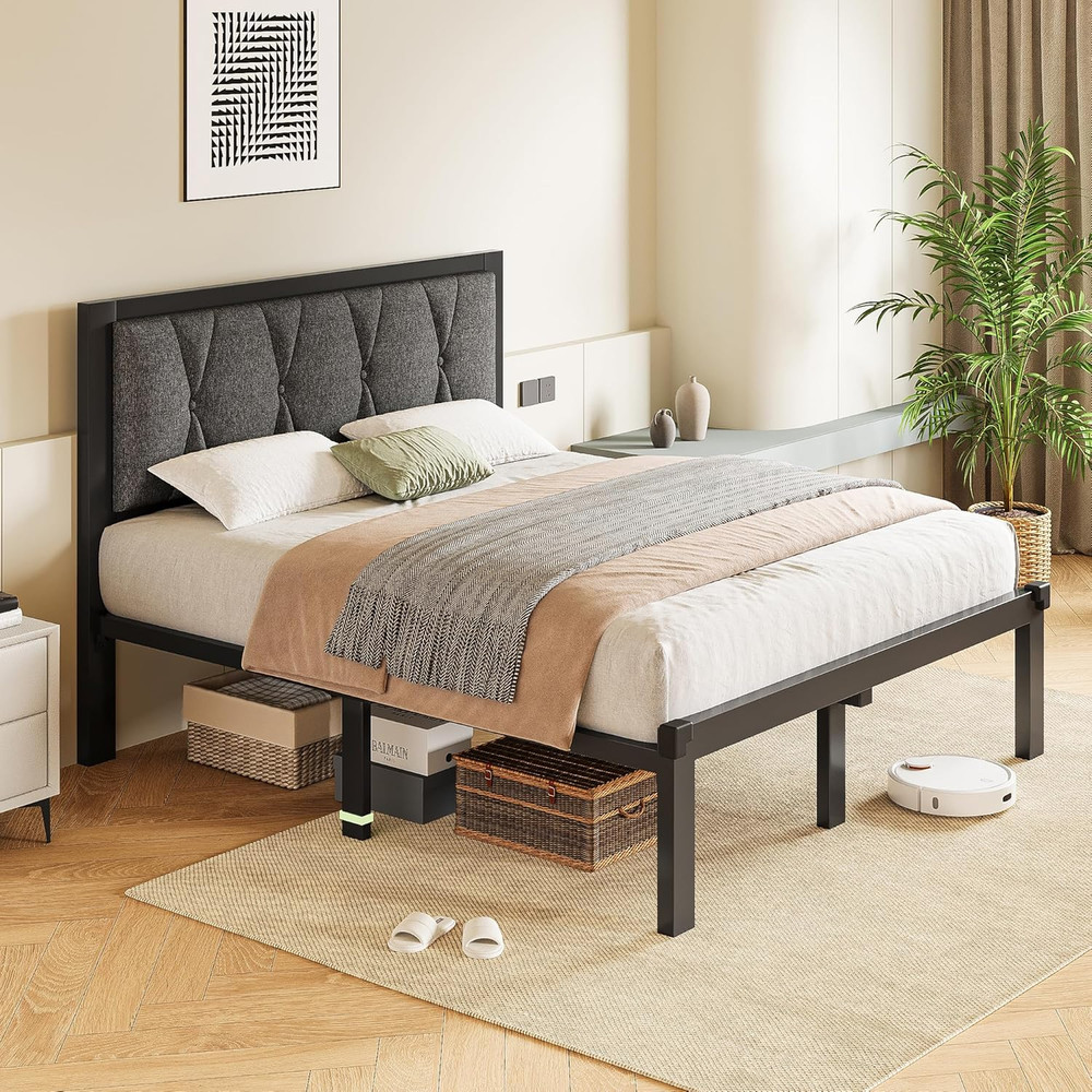 Queen Size Bed Frame with Button Tufted Headboard, Linen Upholstered Platform Be