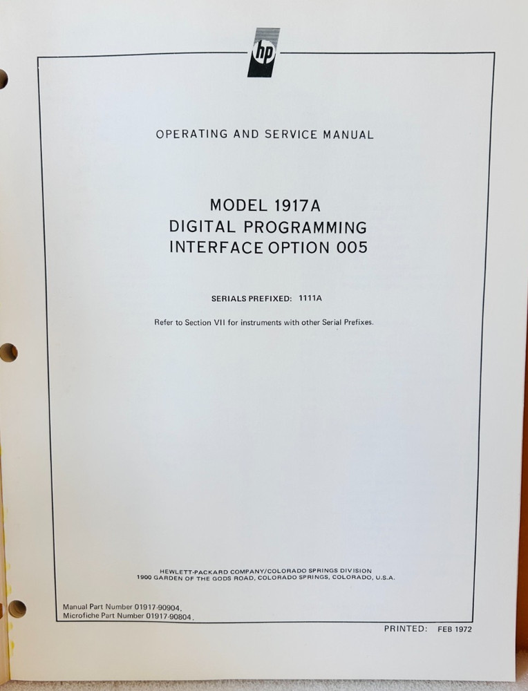 HP 01917-90904 Model 1917A Digital Programming Interface Opt 005 Service Manual.