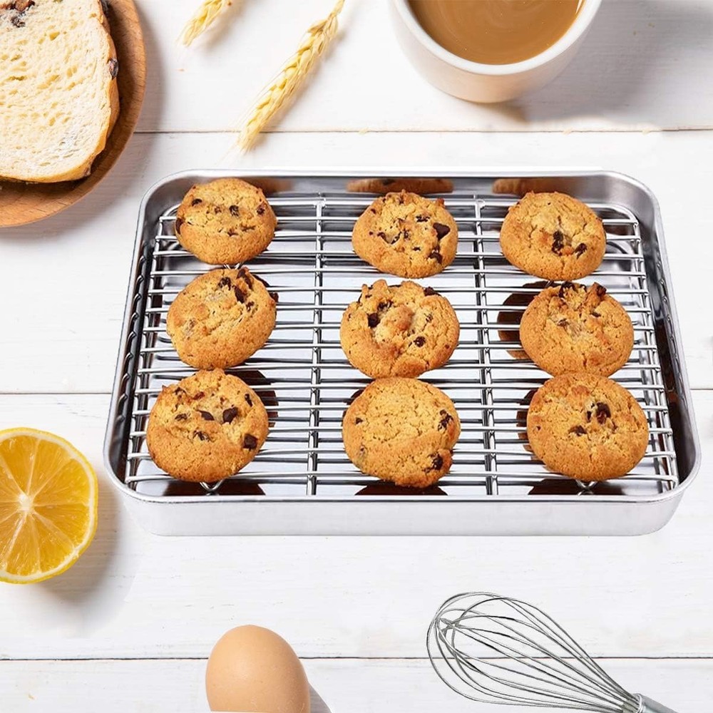 Wildone Baking Sheet with Rack Set [2 Sheets + 2 9 x 7 x 1 inch, Silver
