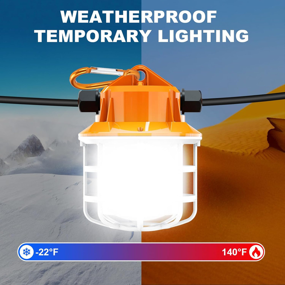 100FT LED Construction String Lights, 15000LM, IP65, 10 Bulbs, Linkable
