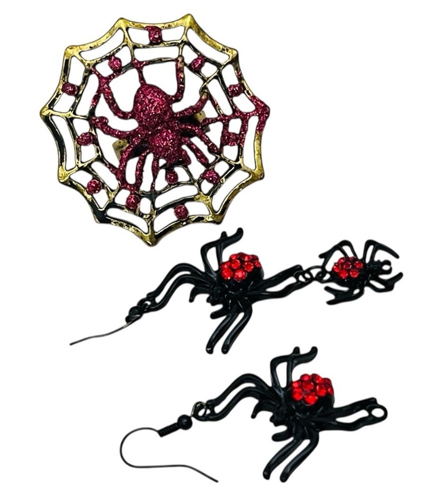 HALLOWEEN RED BLACK SPIDER EARRINGS, WEB RING ADJUSTABLE RHINESTONES WIRE DANGLE