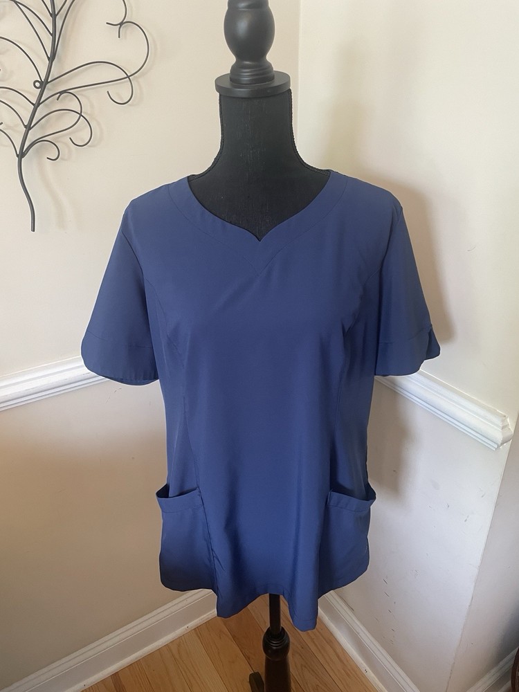 Easy Stretch Women’s Scrub Navy Blue Top Large with Two Front Pockets