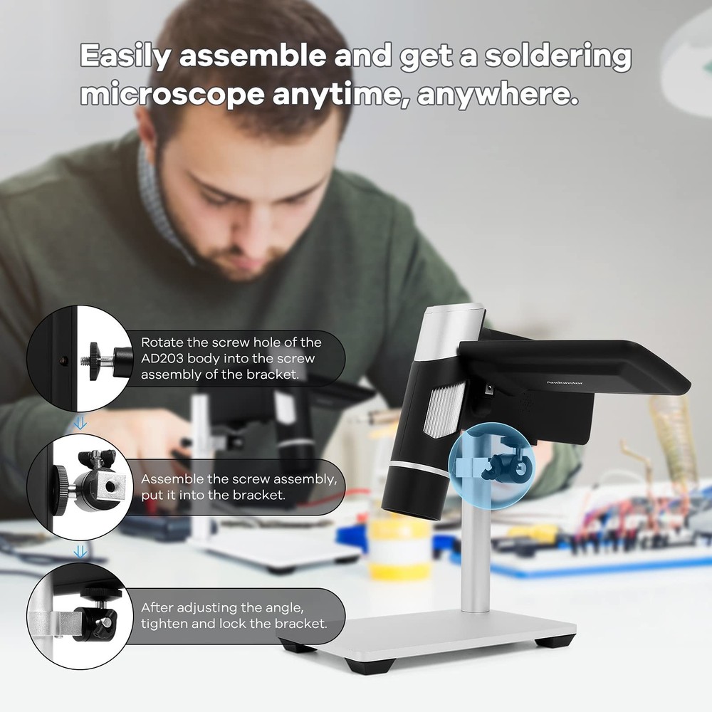 Andonstar AD203 Digital Microscope (Black+Bracket) Handheld Black+Bracket