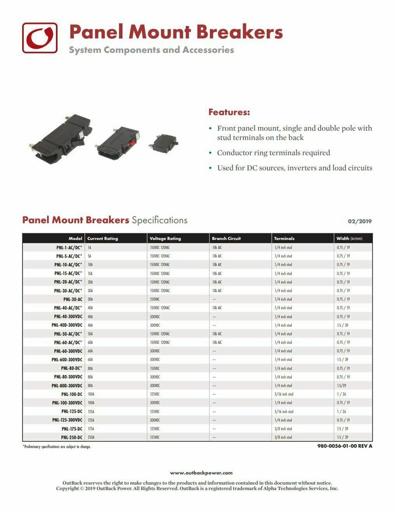 OutBack Power Panel Mount Circuit Breakers, Single Pole
